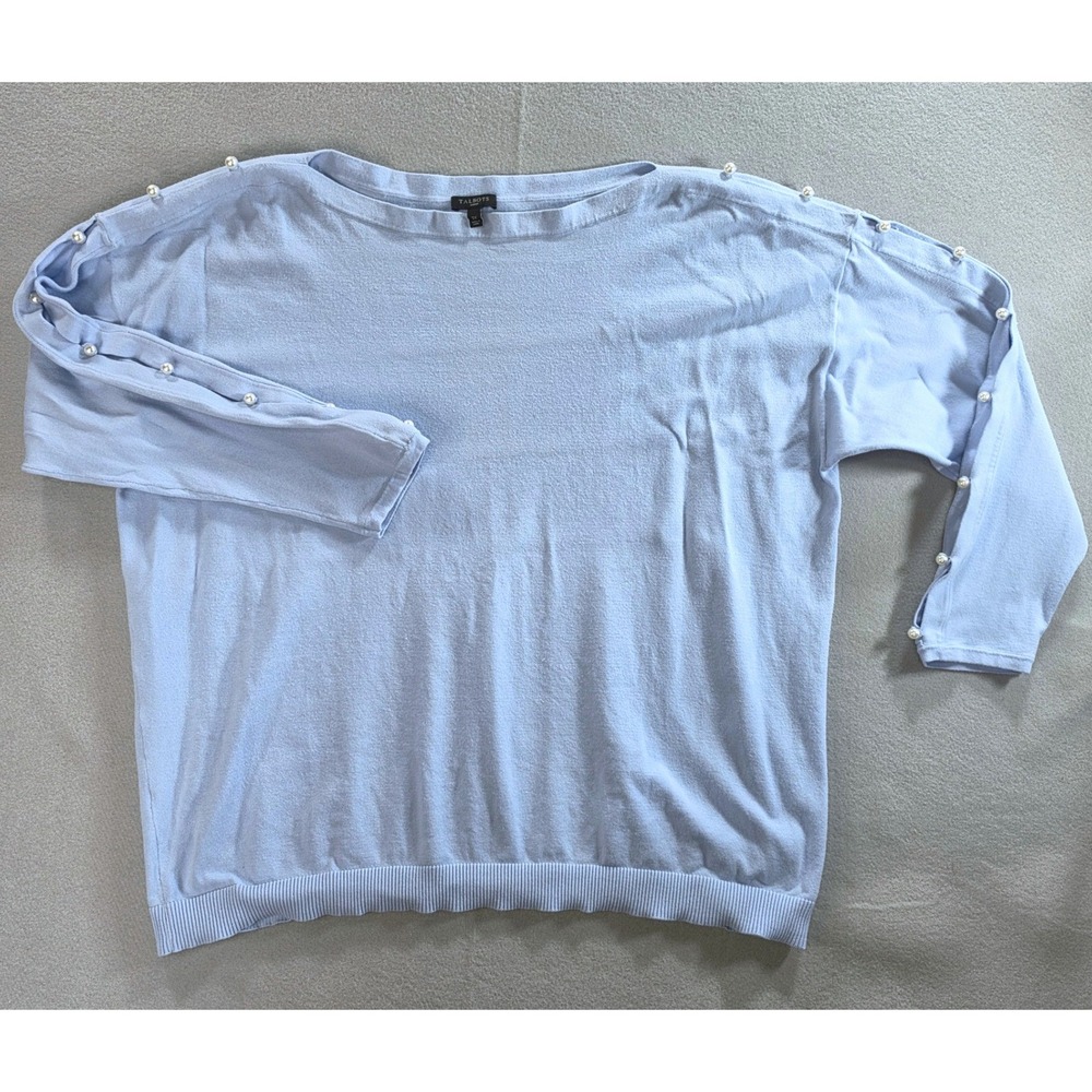 Talbots Coquette Pearl Embellished Boat Neck Sweater 2X Light Blue Knit Top